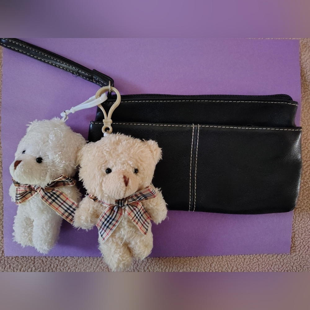 BLACK FAUX WRISTLET PURSE 9" X 4" (2) BEAR CHARMS INCLUDED!!